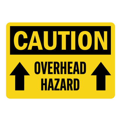 OSHA Caution: Overhead Hazard Sign Sticker with bold black header on yellow background, upward-pointing arrows on either side, and large black bold lettering