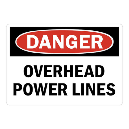OSHA Danger: Overhead Power Lines Sign Sticker with black background, red oval header, and bold black warning text on white panel below