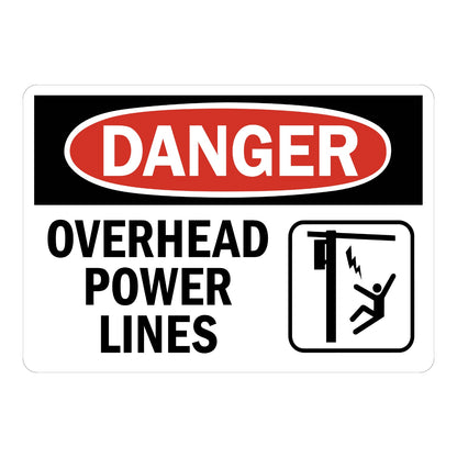 OSHA Danger: Overhead Power Lines (With Graphic) Sign Sticker with black background, red oval header, and icon of a figure being struck by an electrical pole
