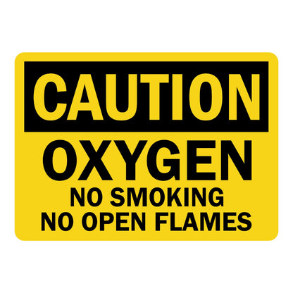 OSHA Caution Oxygen No Smoking No Open Flames sign sticker with black header on a yellow background and bold black text, a decal warning of oxygen fire hazards