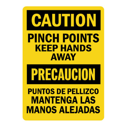 Pinch Points Keep Hands Away, Puntos De Pellizco Mantenga Las Manos Alejadas sign with yellow Caution header and matching English and Spanish warning text