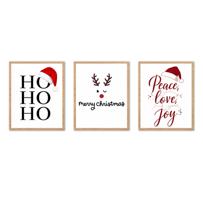 Merry Christmas Peace Love Joy Poster featuring Ho Ho Ho lettering, a cute reindeer face, Santa hat, and elegant Peace Love Joy holiday designs for festive décor.