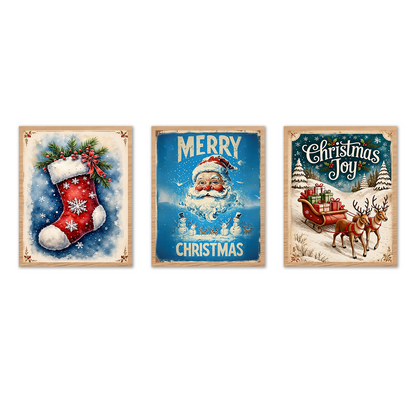 Santa, Stocking & Sleigh Christmas Poster featuring a stocking, Santa, snowy scenes, gifts, Christmas trees, and a reindeer sleigh design for home decor art.