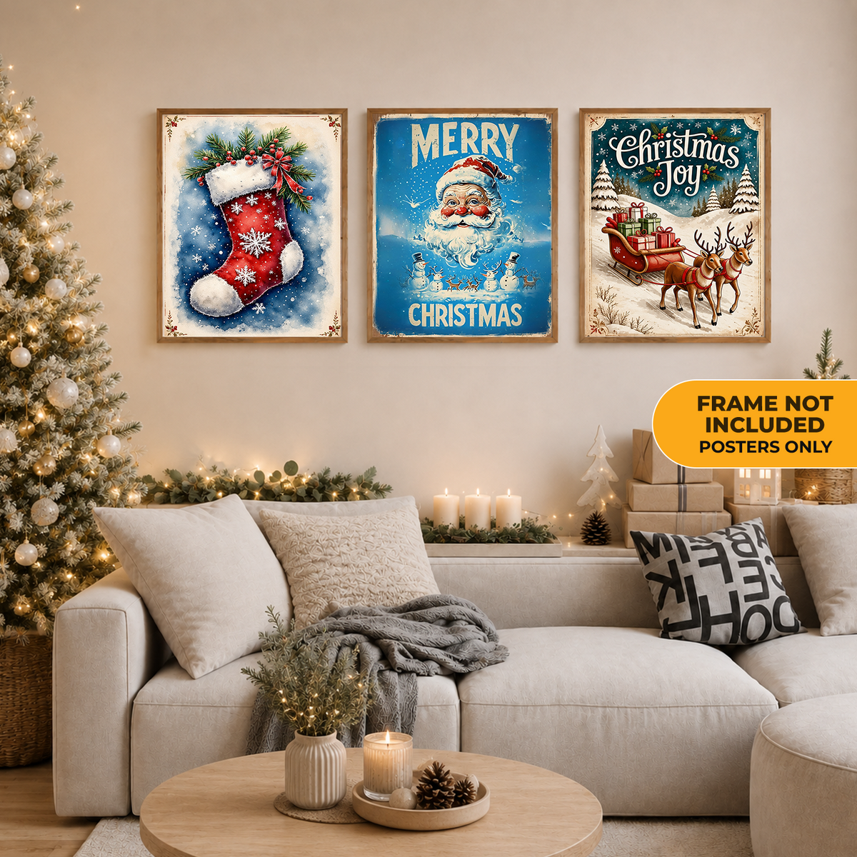 Santa, Stocking & Sleigh Christmas Poster