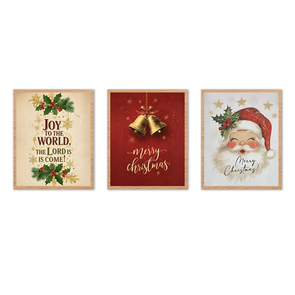 Joy to the World Christmas Holiday Poster featuring holly greenery, golden bells, Santa, Merry Christmas greetings, and festive seasonal artwork for home décor.