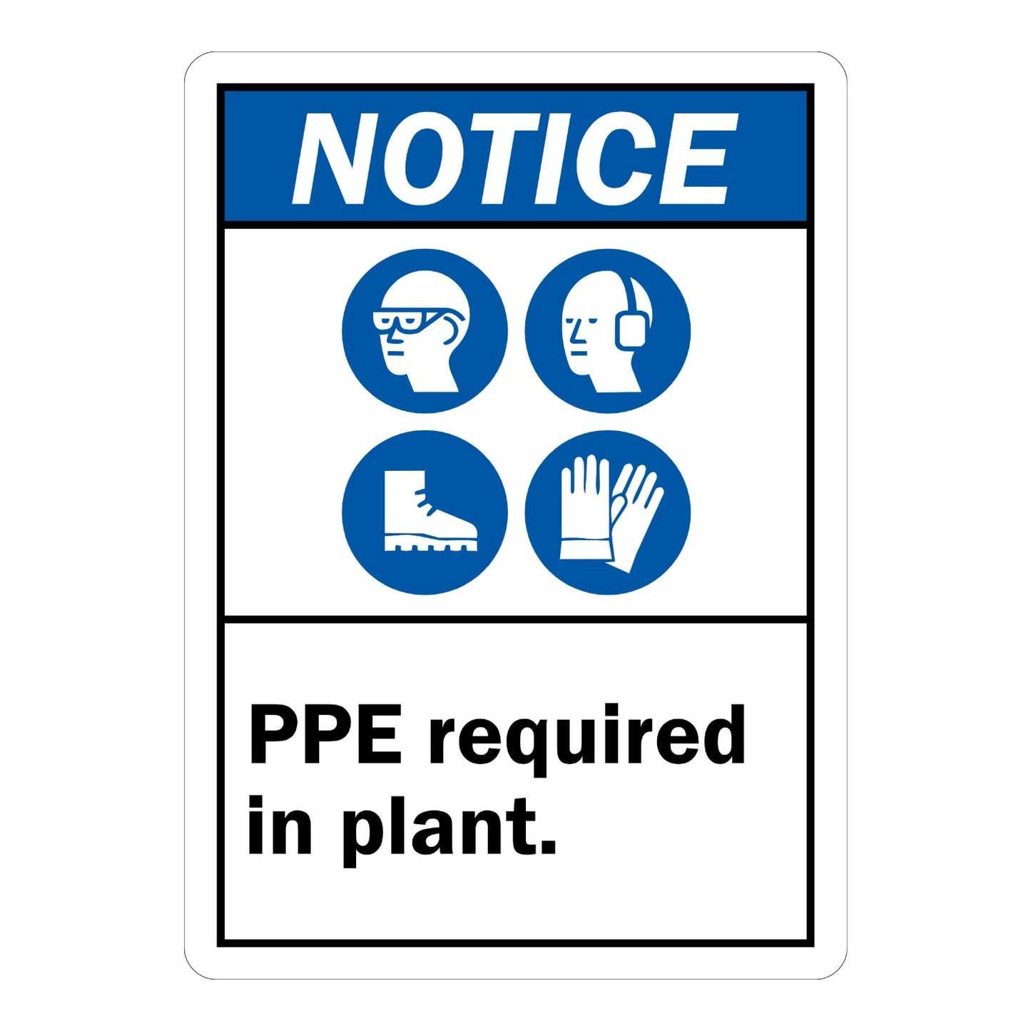 Notice: PPE Required in Plant sign sticker featuring a blue NOTICE header, four blue PPE icons for goggles, ear muffs, boots, gloves, black text below.