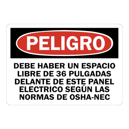 Spanish OSHA Danger: 36 Pulgadas Libre Delante Del Panel Electrico Sign Sticker with red DANGER oval header and black text, enforcing clearance per OSHA-NEC standards.