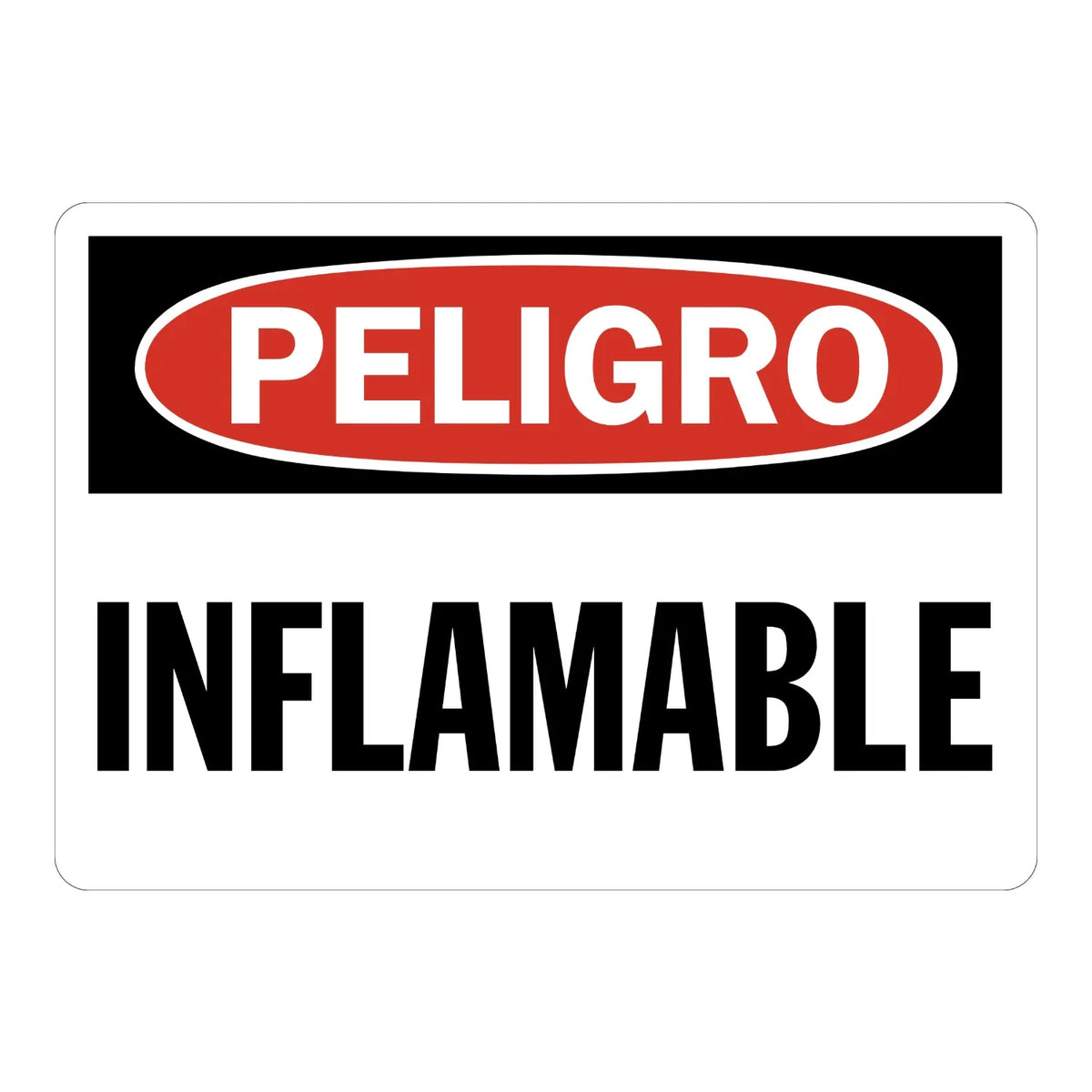 Peligro: Inflamable sign sticker with bold white text in a red oval on black and bold black text on white, in Spanish, ideal for OSHA hazard identification.