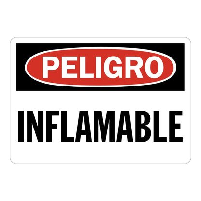 Peligro: Inflamable sign sticker with bold white text in a red oval on black and bold black text on white, in Spanish, ideal for OSHA hazard identification.