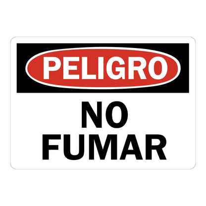 Spanish OSHA Danger Peligro No Fumar sign sticker with red oval header on a black panel and bold black text, a Spanish decal marking areas where smoking is banned