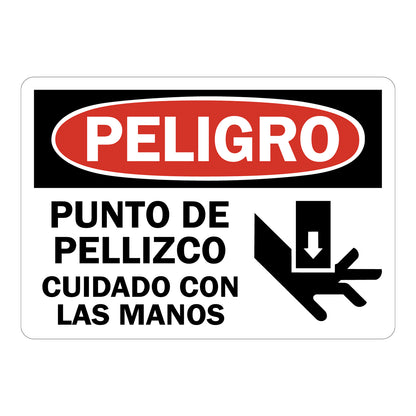 Spanish OSHA Danger: Peligro Punto De Pellizco Cuidado Con Las Manos Sign Sticker with pinch point graphic icon in bold white on red oval header, ideal for bilingual machinery hazard zones, press equipment, and workplace hand injury prevention compliance signage