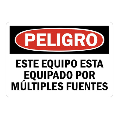 Spanish OSHA Danger: Este Equipo Esta Equipado Por Multiples Fuentes Sign Sticker with red DANGER oval header and black text, warning workers of multiple power sources.