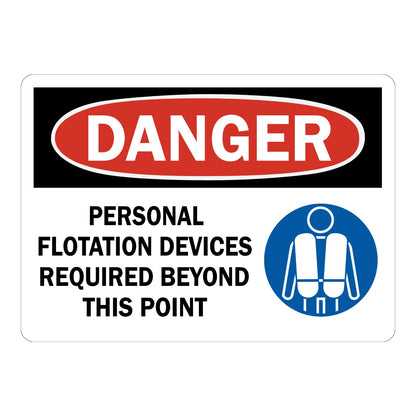 OSHA Danger Personal Flotation Devices Required Beyond This Point Sign Sticker with black header, red oval banner, and blue life jacket icon for water safety areas.