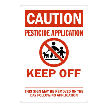 Caution: Pesticide Application Keep Off sign stickers with graphic, red CAUTION banner, no-entry icon of adult, child and dog, bold red KEEP OFF text, removal note.