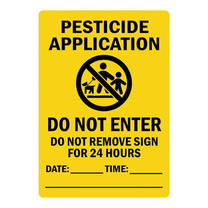 Warning: Pesticide Application Do Not Enter sign sticker with bold black text on yellow, a no-entry icon, and date/time fields, ideal for lawns and treated areas.