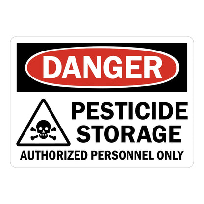 OSHA Danger: Pesticide Storage - Authorized Personnel Only sign stickers, black header banner with red oval DANGER text, skull and crossbones warning triangle icon.