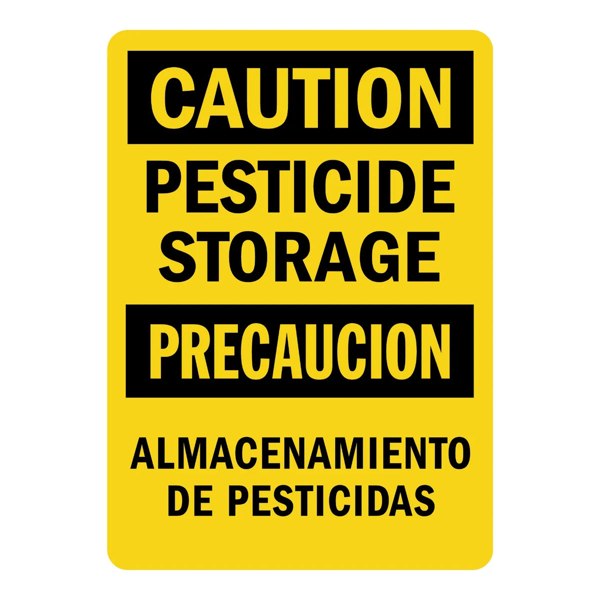 Bilingual OSHA Caution: Pesticide Storage sign stickers, yellow background, black banners with bold yellow CAUTION/PRECAUCION text, bold black bilingual warning text.