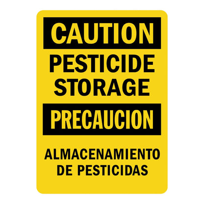 Bilingual OSHA Caution: Pesticide Storage sign stickers, yellow background, black banners with bold yellow CAUTION/PRECAUCION text, bold black bilingual warning text.
