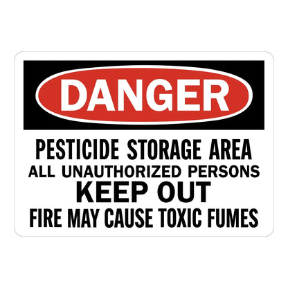 OSHA Danger: Pesticide Storage Area - Keep Out, Fire May Cause Toxic Fumes sign stickers, black header banner with red oval DANGER text, bold black warning text.