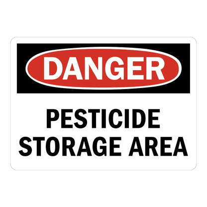 OSHA Danger: Pesticide Storage Area sign stickers, black header banner with red oval DANGER text, bold black PESTICIDE STORAGE AREA text on white rounded background.