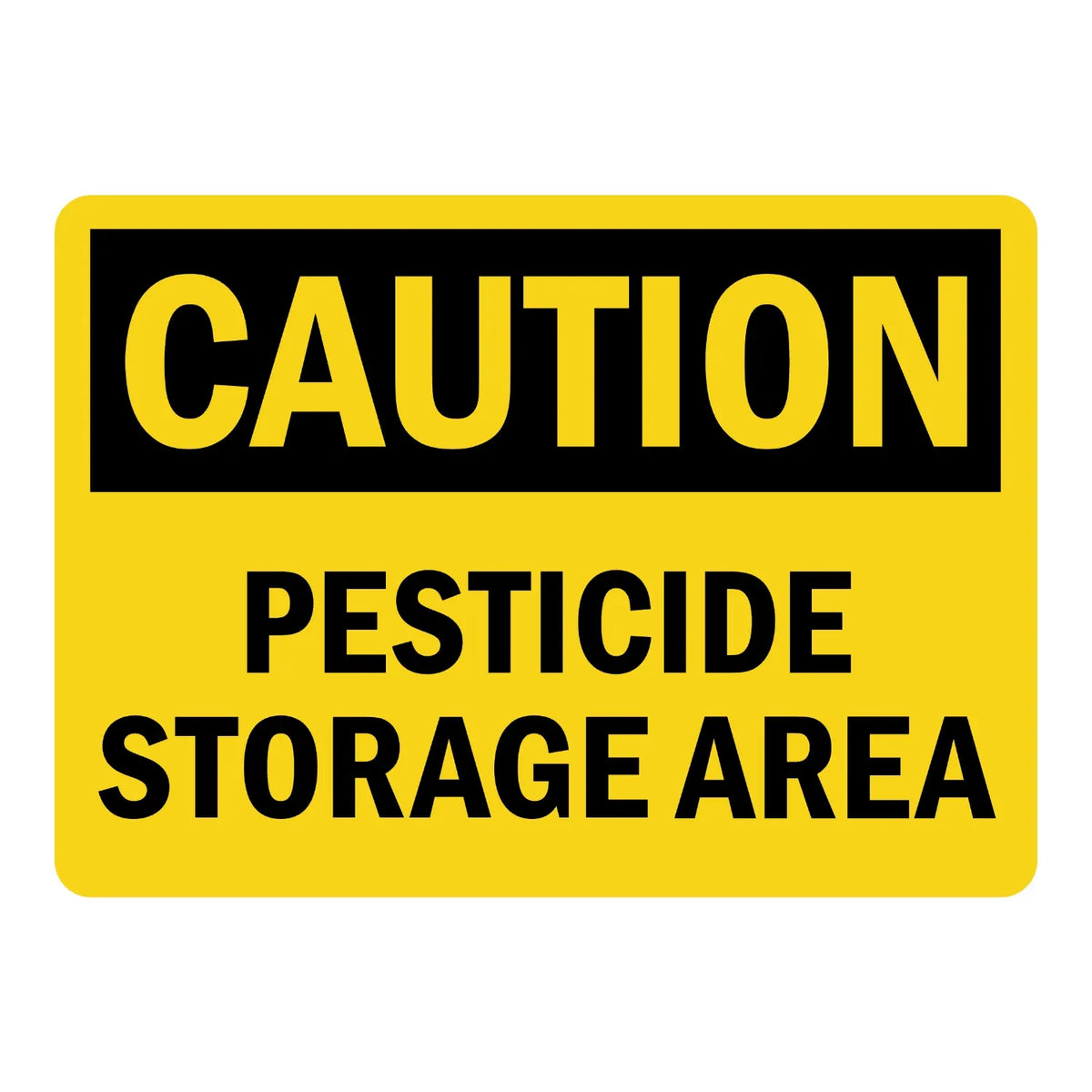OSHA Caution: Pesticide Storage Area sign stickers, yellow background, black header banner with bold yellow CAUTION text, bold black PESTICIDE STORAGE AREA text.