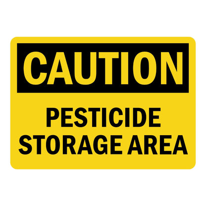 OSHA Caution: Pesticide Storage Area sign stickers, yellow background, black header banner with bold yellow CAUTION text, bold black PESTICIDE STORAGE AREA text.