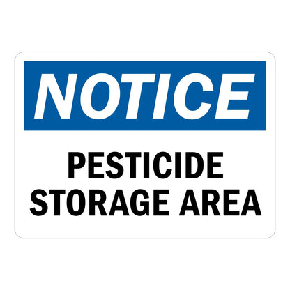 OSHA Notice: Pesticide Storage Area sign stickers, blue header banner with bold white italic NOTICE text, bold black PESTICIDE STORAGE AREA text on white background.