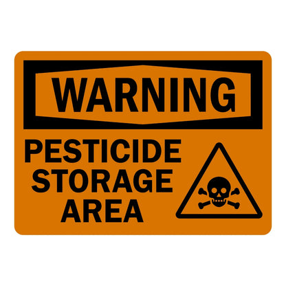 OSHA Warning: Pesticide Storage Area sign stickers with graphic, orange background, black hexagon WARNING banner, skull and crossbones warning triangle icon beside text.
