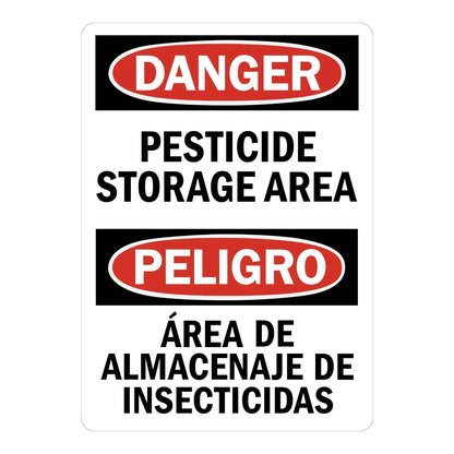 Bilingual OSHA Danger: Pesticide Storage Area sign stickers, white background, black borders, red oval DANGER/PELIGRO headers, bold black bilingual warning text.