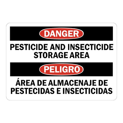 Bilingual OSHA Danger: Pesticide And Insecticide Storage Area sign stickers, black header banners with red oval DANGER and PELIGRO text, bold black bilingual text.
