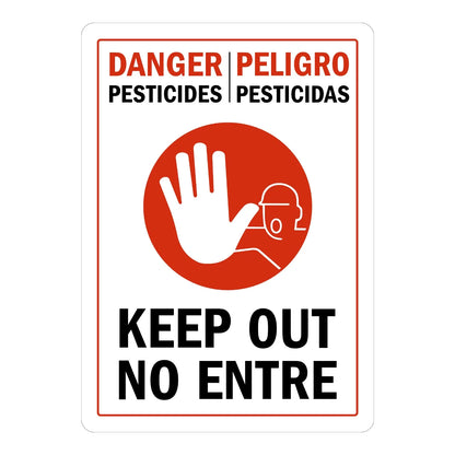 Bilingual Danger: Pesticides - Keep Out / Pesticidas - No Entre sign stickers, red border, red DANGER PELIGRO text, red circle stop hand and worker icon graphic.