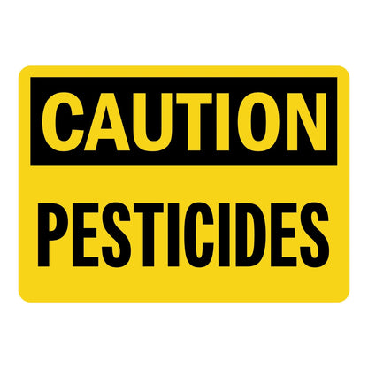 OSHA Caution: Pesticides sign stickers, yellow background, black header banner with bold yellow CAUTION text, large bold black PESTICIDES text below it, rounded corners.