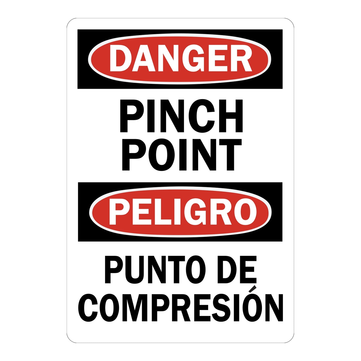 Bilingual OSHA Danger: Pinch Point sign stickers featuring bold red-black DANGER header in English and Spanish, warns of mechanical pinch hazard nearby