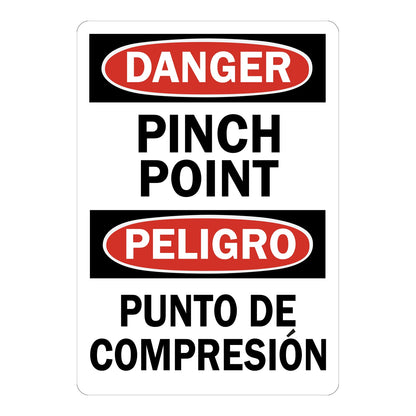 Bilingual OSHA Danger: Pinch Point sign stickers featuring bold red-black DANGER header in English and Spanish, warns of mechanical pinch hazard nearby