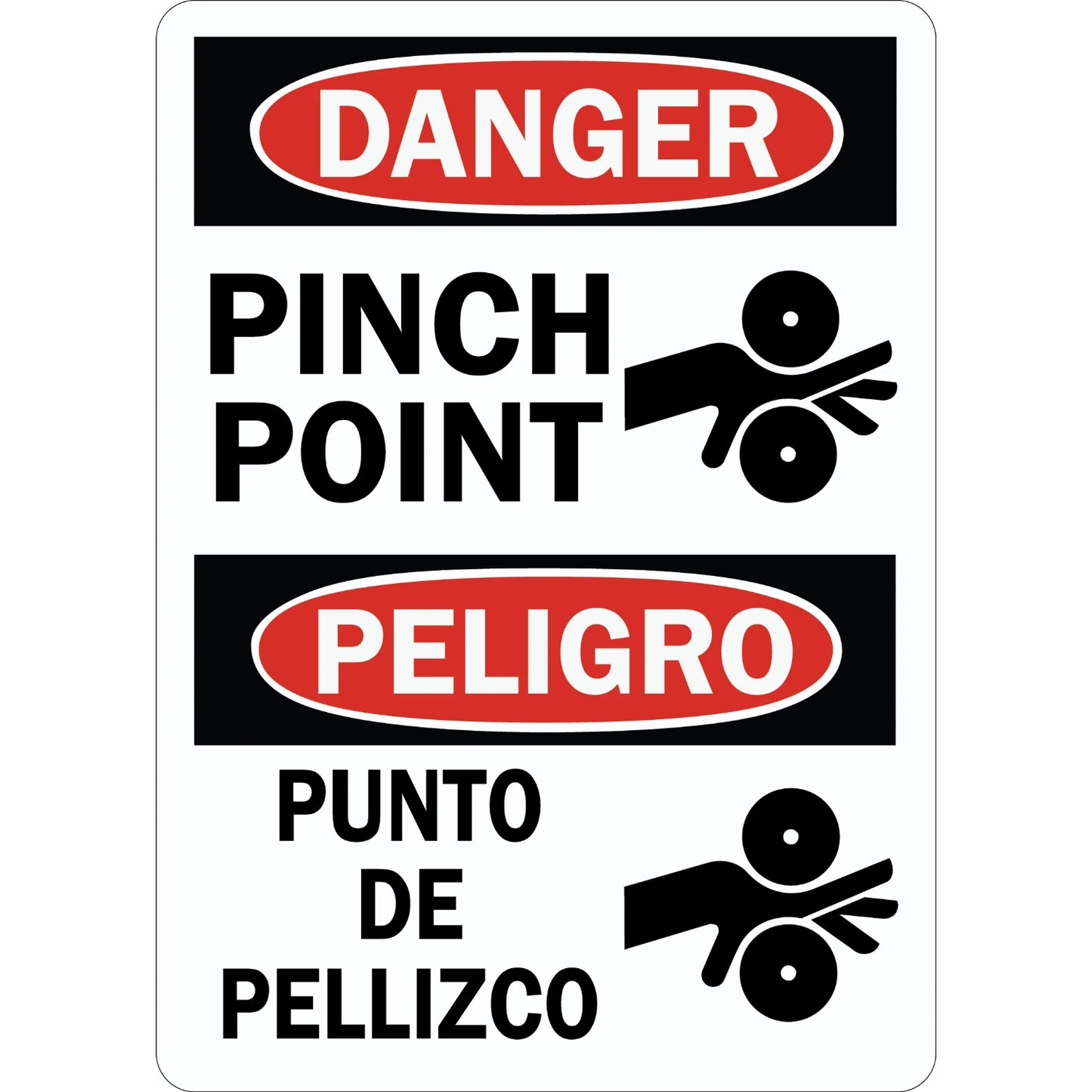 Bilingual OSHA Danger Pinch Point Punto De Pellizco Sign Sticker with red danger header, hand crush pinch point graphic, and matching English and Spanish warning text.