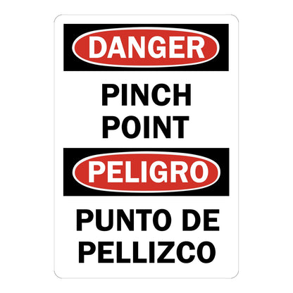 Bilingual OSHA Danger: Pinch Point sign stickers featuring bold red-black DANGER header in English and Spanish, warns of mechanical pinch hazard nearby