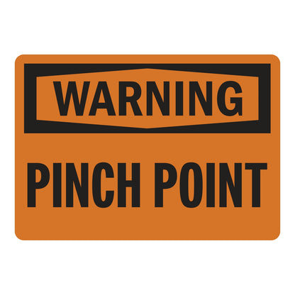 OSHA Warning: Pinch Point sign stickers featuring bold black WARNING header on orange background, clearly warns of mechanical pinch point hazard nearby