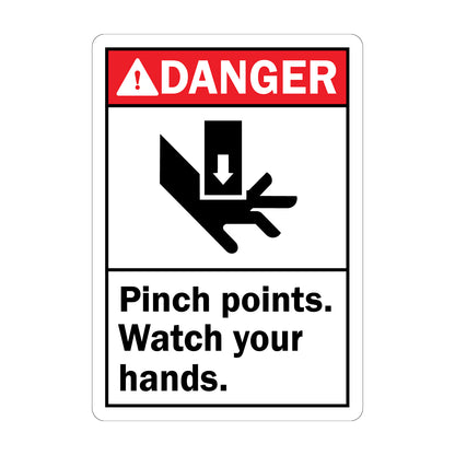ANSI Danger: Pinch Points Watch Your Hands Sign Sticker with pinch point graphic icon in bold white on red header, ideal for machinery hazard zones, press equipment, and workplace hand injury prevention compliance signage