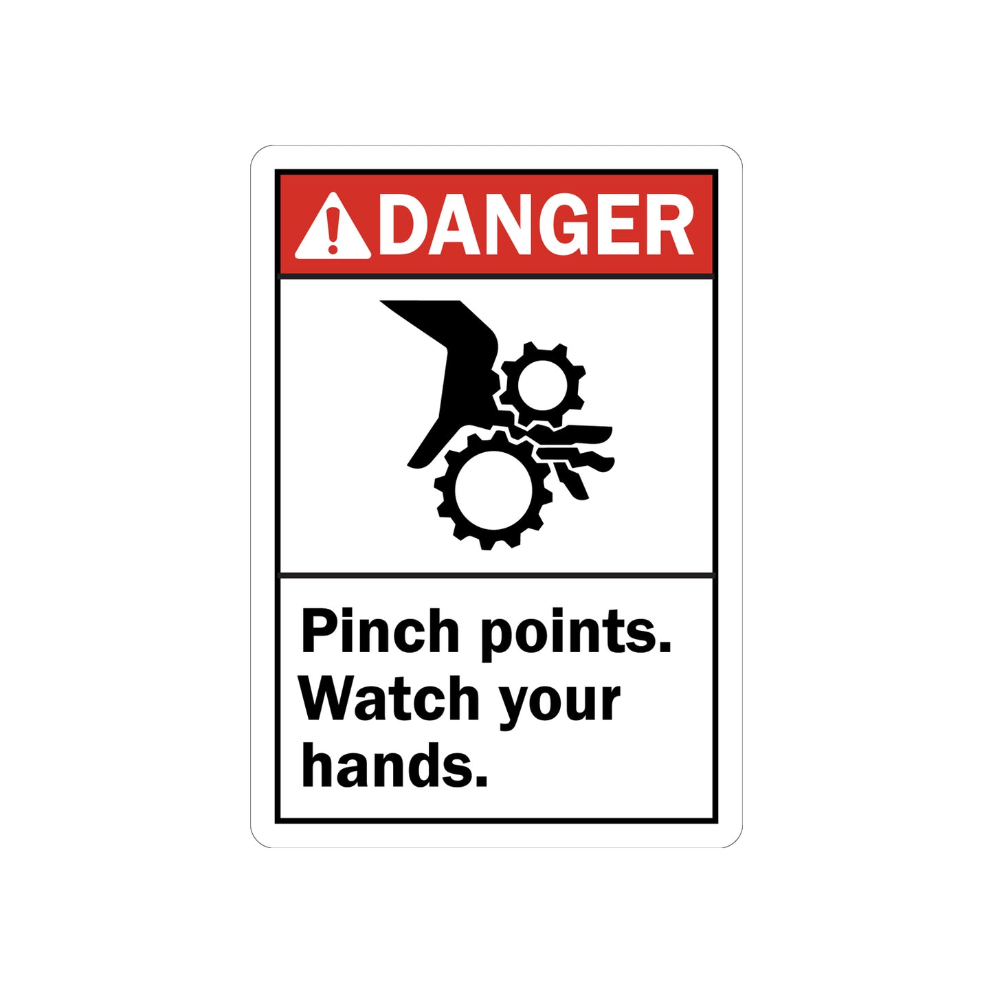ANSI Danger: Pinch Points Watch Your Hands Sign Sticker with gear entanglement graphic in bold white on red header, ideal for machinery hazard zones, rotating equipment, and workplace hand injury prevention compliance signage