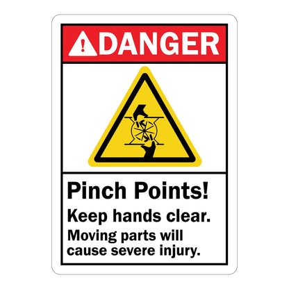 Vertical ANSI Danger sign with red header, yellow triangle pinch point symbol, and text reading Pinch Points Keep Hands Clear Moving Parts Will Cause Severe Injury on white background.