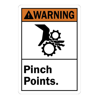 ANSI Warning: Pinch Points sign stickers featuring bold orange-black WARNING header with hand and gear graphic, warns workers of mechanical pinch hazards