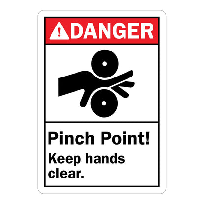 Pinch Point! Keep Hands Clear sign with red Danger header and bold warning text