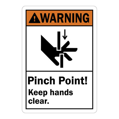 Pinch Point! Keep Hands Clear sign with orange Warning header and bold warning text