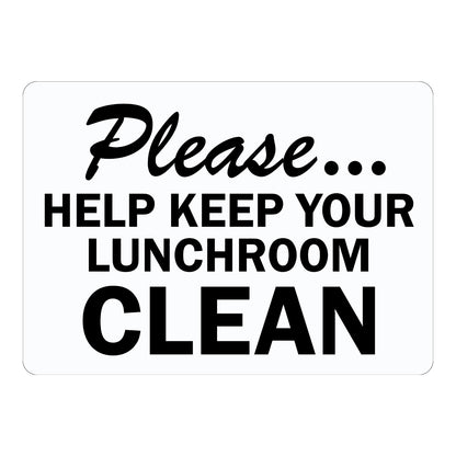 Please, Help Keep Your Lunchroom Clean Sign Stickers with a black script Please header and bold black capital text on a plain white background, for break rooms