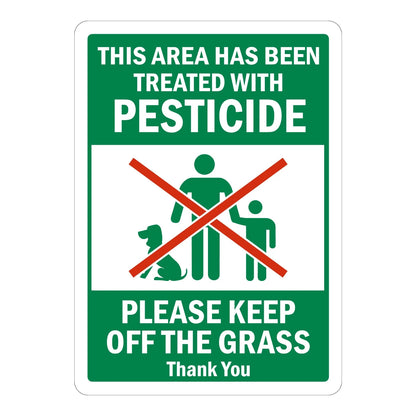 Warning: This Area Has Been Treated With Pesticide - Please Keep Off The Grass sign stickers, green background, white text, crossed-out adult, child and dog icon.