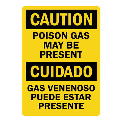 Bilingual OSHA Caution: Poison Gas May Be Present, Gas Venenoso Puede Estar Presente Sign Sticker with black header, yellow background, for poison gas warning