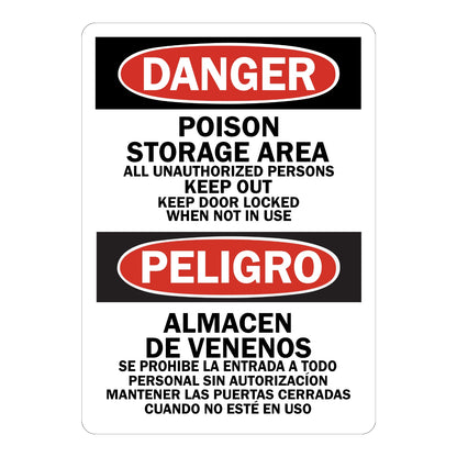 Bilingual OSHA Danger: Poison Storage Area, All Unauthorized Persons Keep Out sign sticker with English and Spanish text and red oval DANGER headers below.
