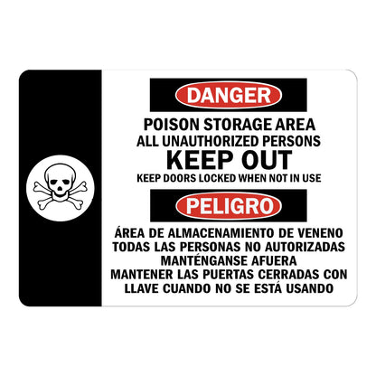 Bilingual OSHA Danger: Poison Storage Area, Keep Out sign sticker with a black skull and crossbones icon and English and Spanish text, red headers shown.
