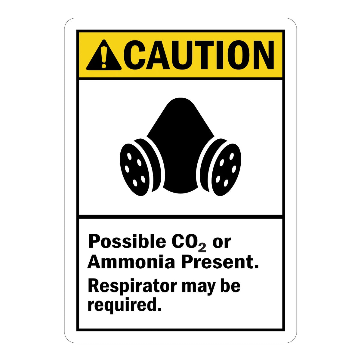 ANSI Caution: Possible Co2 or Ammonia Present, Respirator May Be Required sign stickers: yellow CAUTION bar, black respirator mask icon, bold black wording.