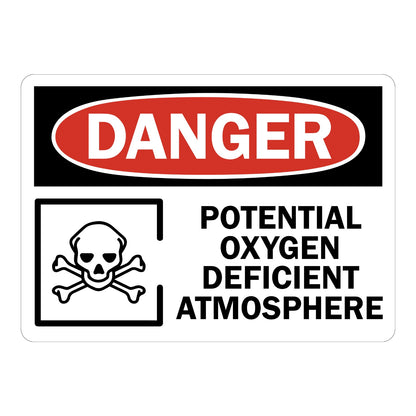 OSHA Danger Potential Oxygen Deficient Atmosphere Sign Sticker with white background, red and black DANGER header, and skull and crossbones toxic hazard icon